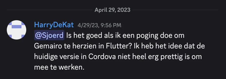 Bericht aan Sjoerd over het herzien van Gemairo in Flutter